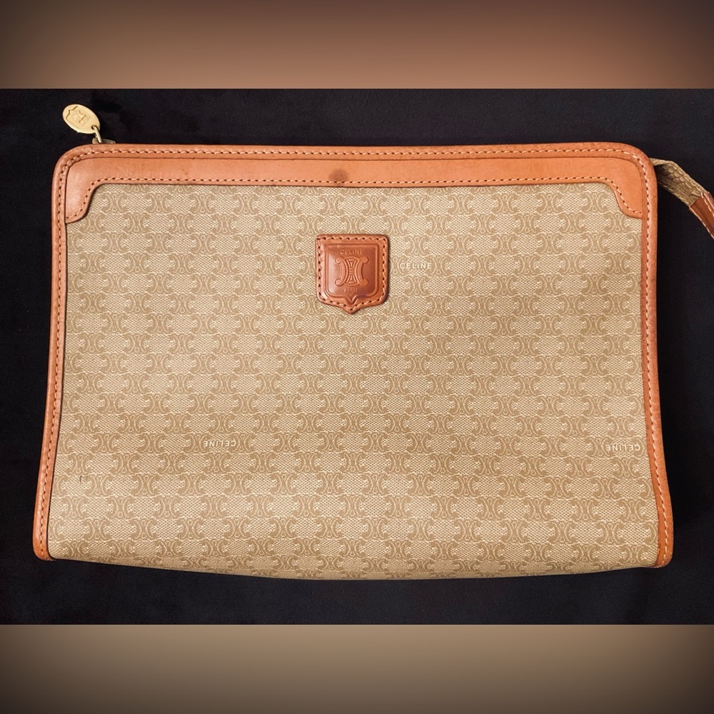 Celine Vintage Macadam Beige Canvas Leather Clutch Bag